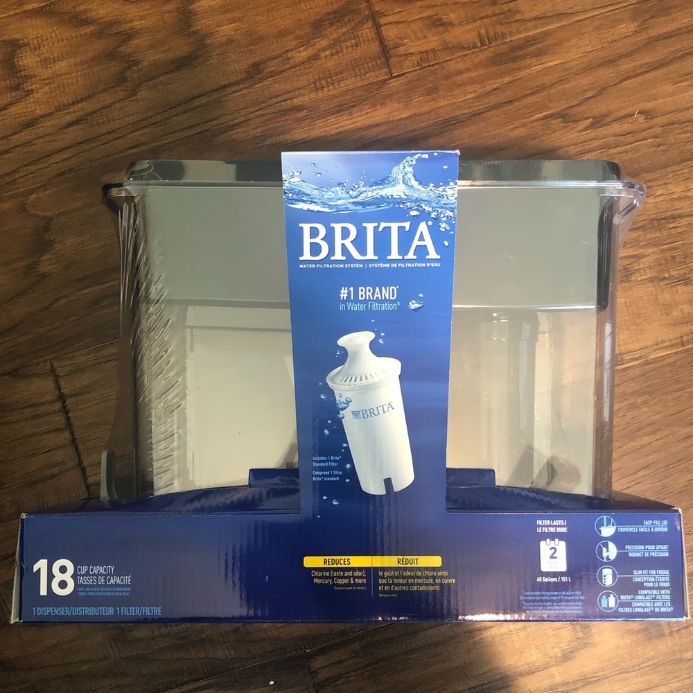 Brita water filtration system. 18 cup capacity. Filter lasts for 40 gallons.
